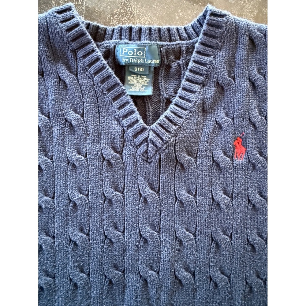 Polo Ralph Lauren Boys‎ Size 8 Navy Blue Cable Knit  Cotton Sweater Vest Preppy